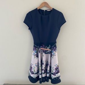 Ted Baker Size 8 Blue & Pink Fit & Flare Dress with Belt